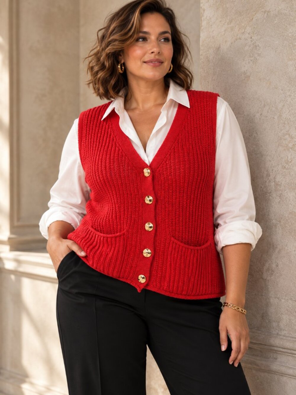 Melanie Lyne Red Chunky Knit Button Front Sweater Vest 1X Gold Buttons Preppy